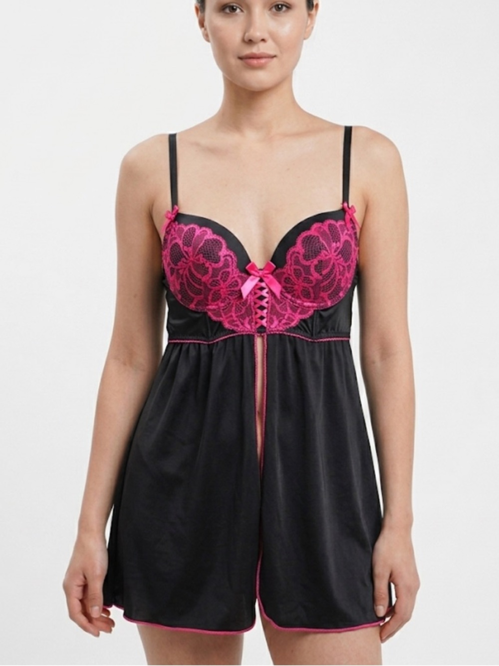 La Senza Black & Hot Pink Lace Babydoll Size Small Y2K Lingerie Aesthetic